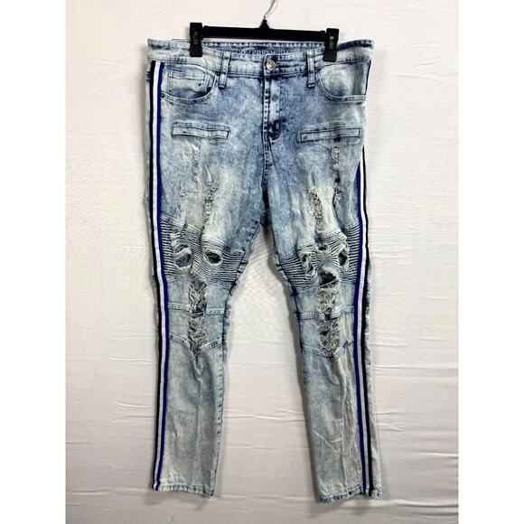 rue21 Premium Flex Skinny Jeans Women 36x32 Blue Denim Distressed Pockets Biker - Picture 1 of 10